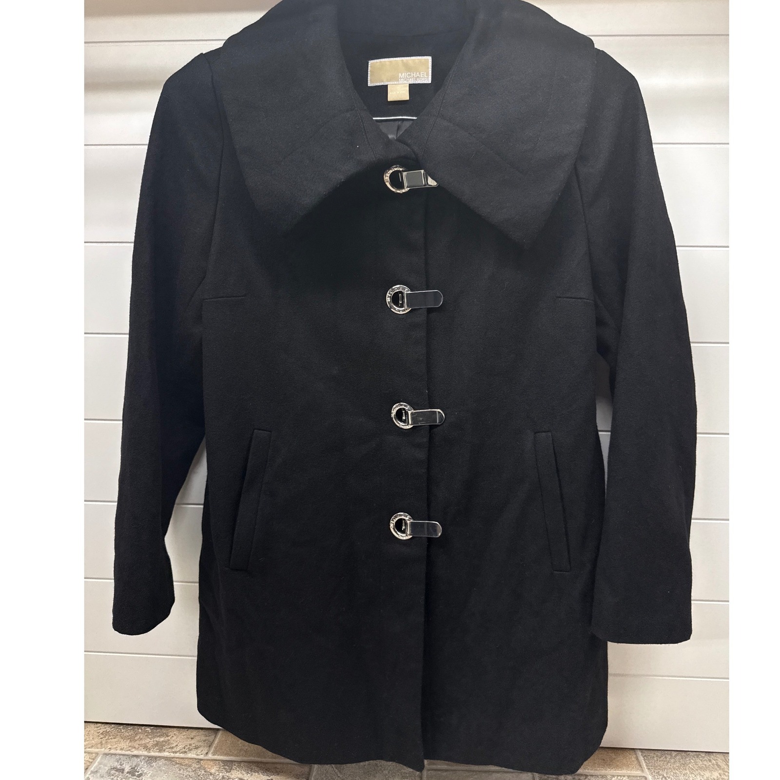 Michael Kors Black Wool Blend Toggle Coat Oversized Collar Womens Size 12